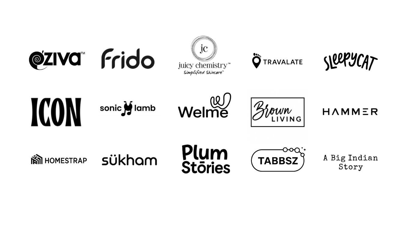 "Brand logos of Creator Navigator’s clients, including Homestrap, Sukham, Zebralearn, Plum Stories, A Big Indian Story, Sonic Lamb, Welme, TABBSZ, Avni Wellness, ICON, Brown Living, Bare Necessities, Ziva, Frido, Hammer, SleepyCat, Charmacy Milano, Juicy Chemistry, Travalate, and FunFit."